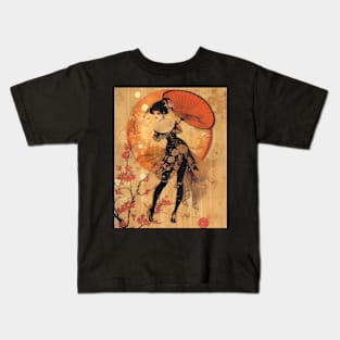 Japanese Geisha with Umbrella Illustration Kids T-Shirt